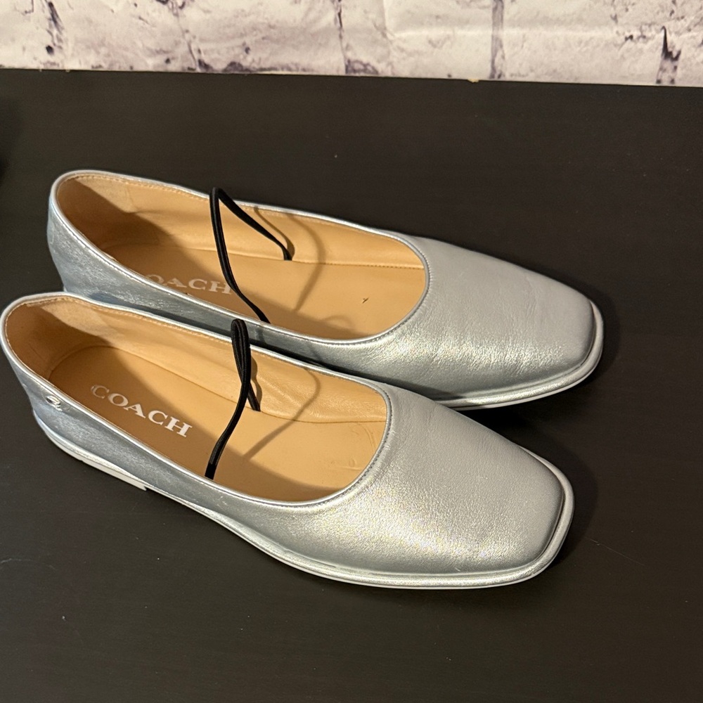 Coach Emilia Silver Metallic Leather Square-Toe Ballet Flats
